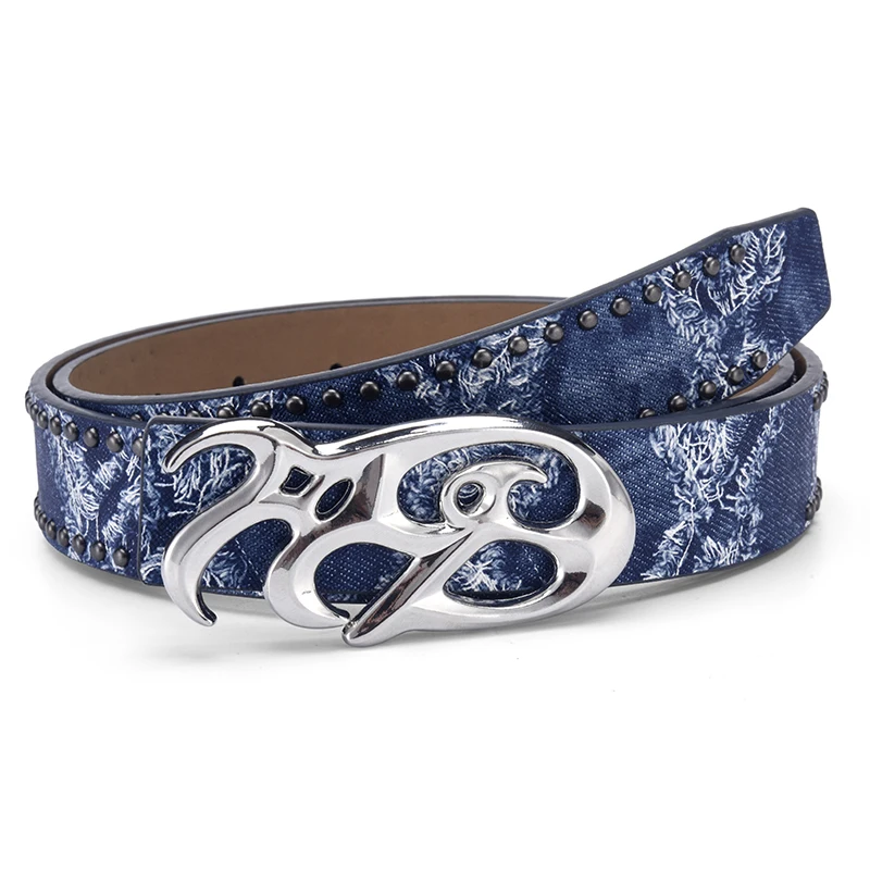 Unisex Y2K Punk Western Printed PU Belt Double Row Studded Irregular Metal Buckle Waistband For Jeans Skirt Streetwear Accessory
