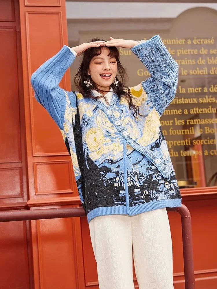 Artistic Masterpiece: Van Gogh Inspired 'Starry Night Flower Sea' Women's Sweater Coat for 2024 Spring and Autumn