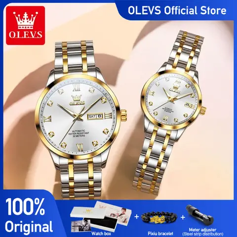 OLEVS 9946 커플 시계 고급 패션 오리지널 기계식 시계 방수 야광 데이 데이트 시계 남성용 렐로즈 옴브레
