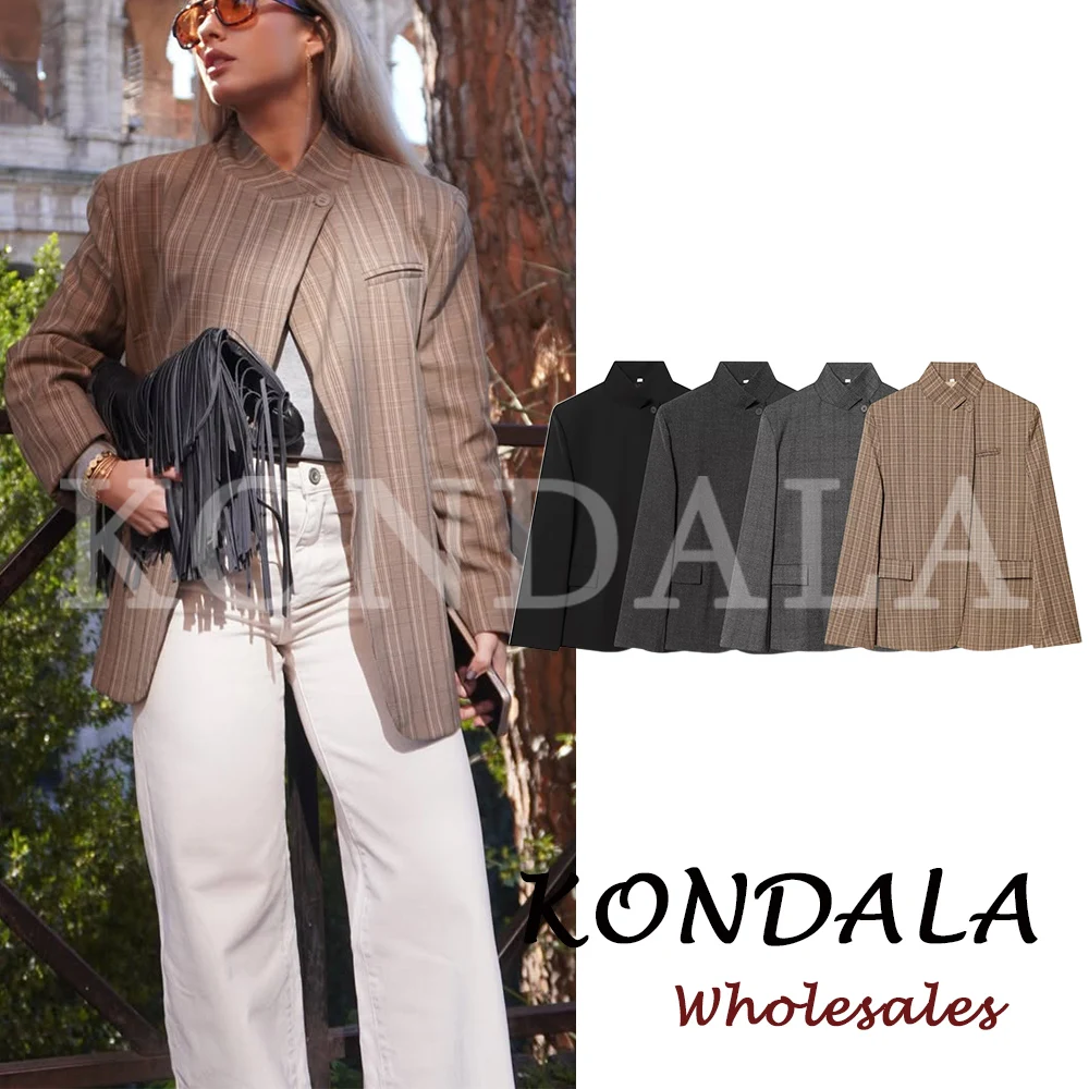 KONDALA Vintage Striped 2026 Office Lady Spring Women Single Button Blazers Loose Chic Coats Streetwear Female Elegant Jacket