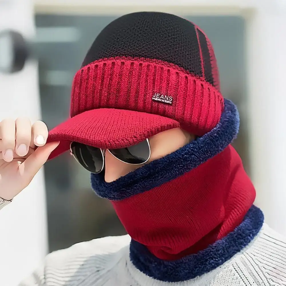 Moda traspirante inverno caldo cappello lavorato a maglia berretto più pile caldo sciarpa berretti protezione dal freddo Skullies berretti cappello da uomo