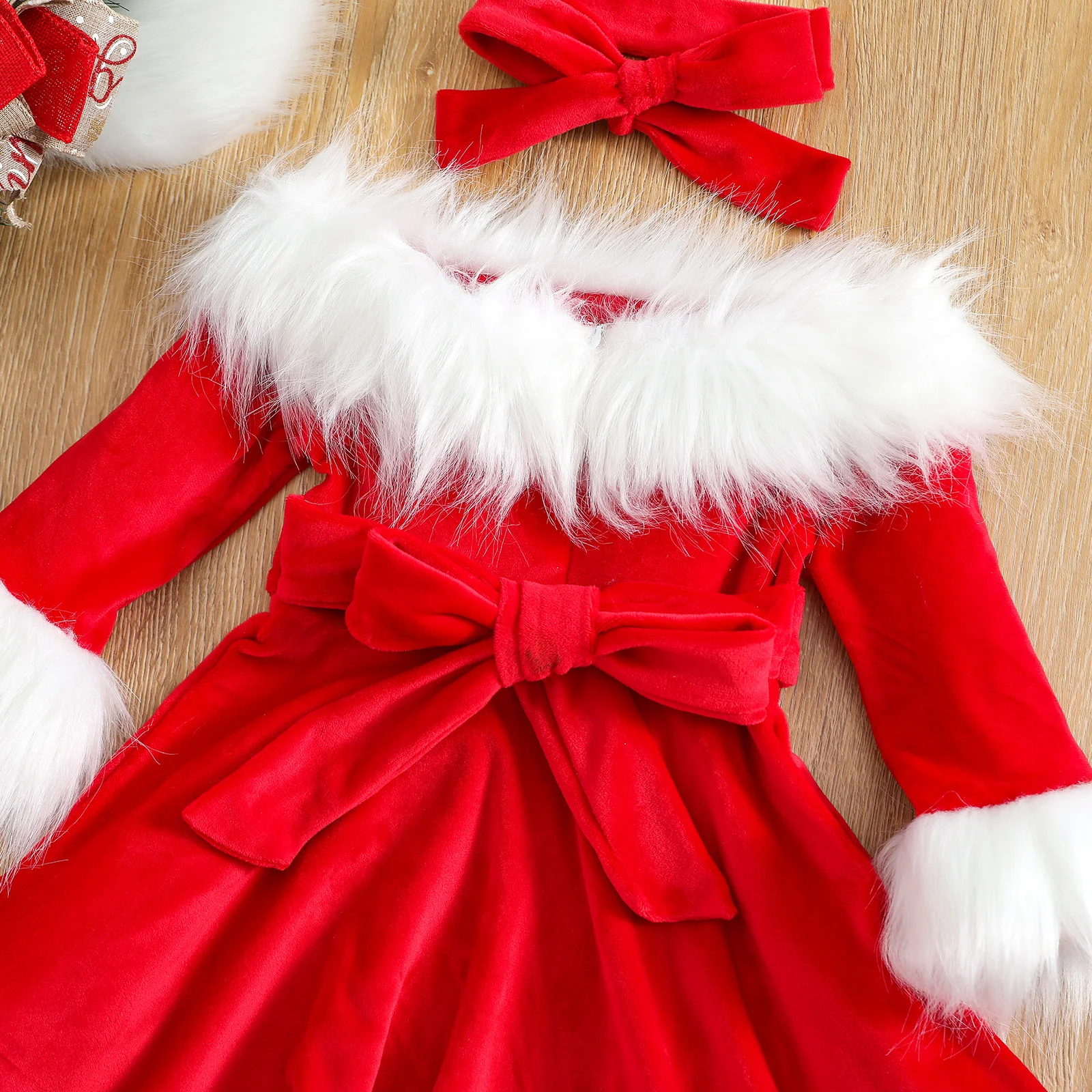 1-7Y Kids Baby Girl Christmas Dress Santa Claus Red Princess Long Sleeve Tulle Dress with Headband Outfits