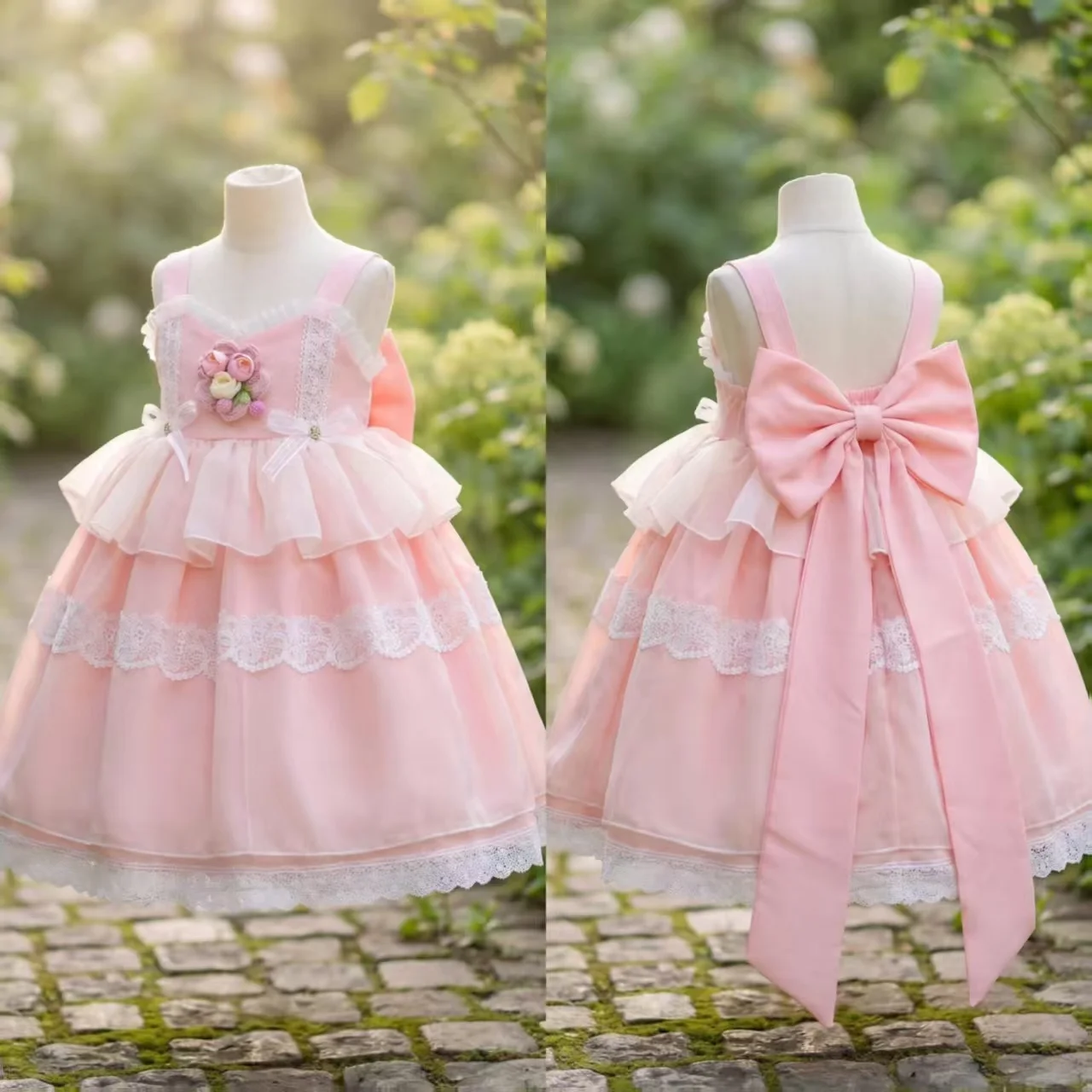Handgefertigtes Mädchen-Prinzessinnenkleid in Rosa für Hochzeiten, Boutique-Kostüm für Babymädchen-Geburtstage, Blumenmädchen-Tüllrock mit Schleife, Modische Kinderkleidung – Detail 4