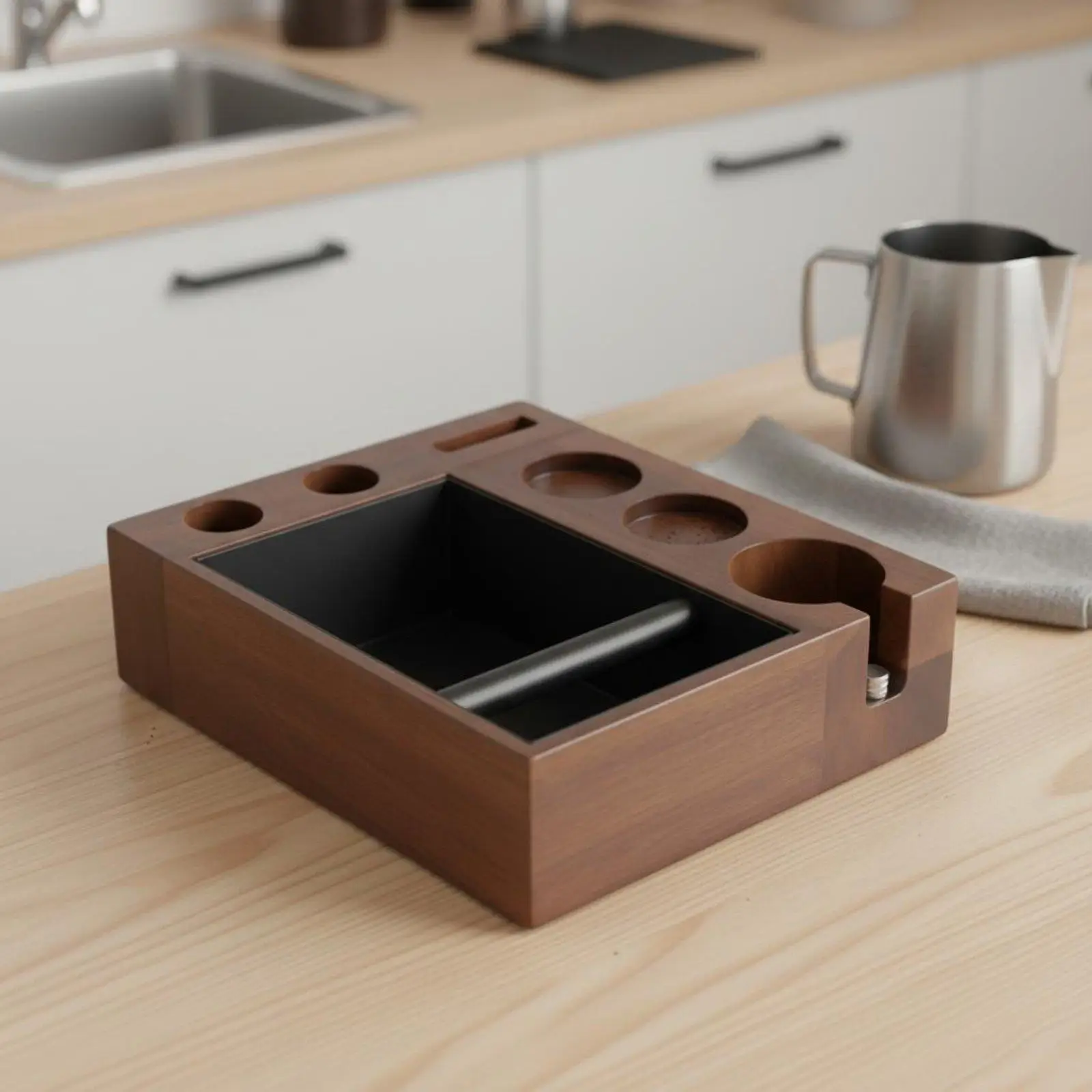 Espresso Grounds Bin Kit Multi-Function Pressing Station Walnut Wood Espresso Grounds Bin Box for Baristas, Cafes