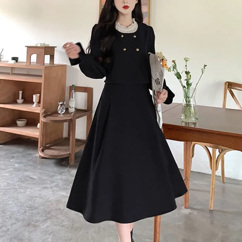 French Style Vintage Dresses Spring Autumn Fake Two Pieces Patchwork Female Clothing A-Line Waist Stylish Drawstring Midi Dress