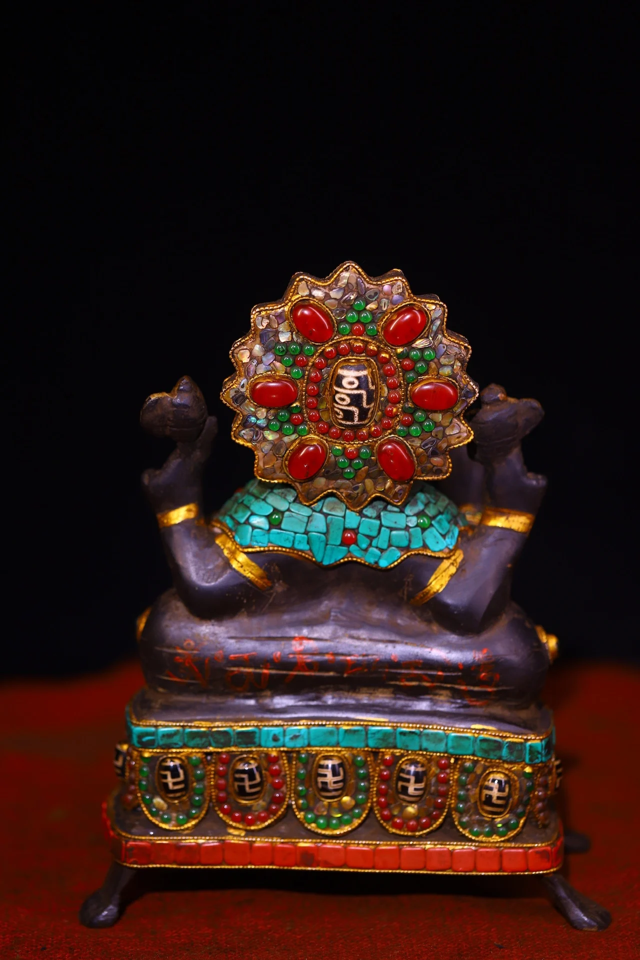 

9"Old Bronze Painted Mosaic Gem gZi Beads Shell Turquoise Ganesha Elephant Trunk Buddha Worship Hall
