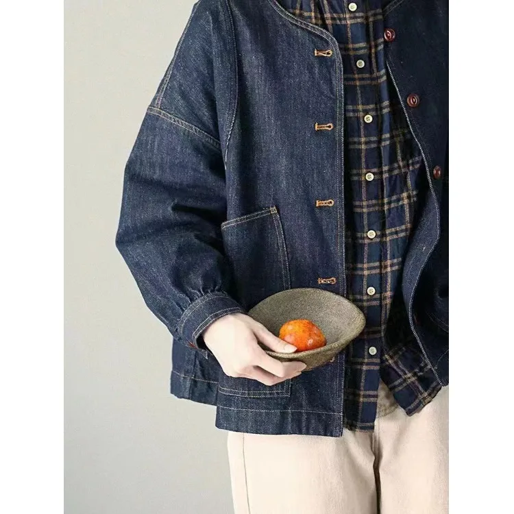 Retro Washed Cotton Denim Short Jacket Women's Autumn New Style Color Block Workwear Top Loose Fit round Neck Button Closure