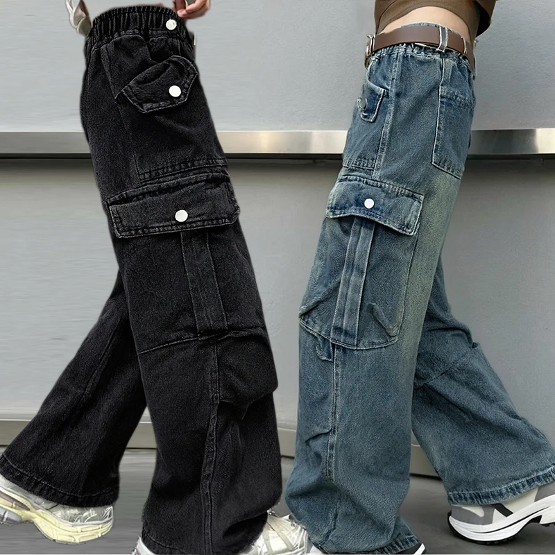 

Luxury Teen Girls Clothing Hip Hop Pocket Jeans Cargo Pants Kids Child High Fashion Loose Straight Denim Trousers 5 7 8 10 12 14