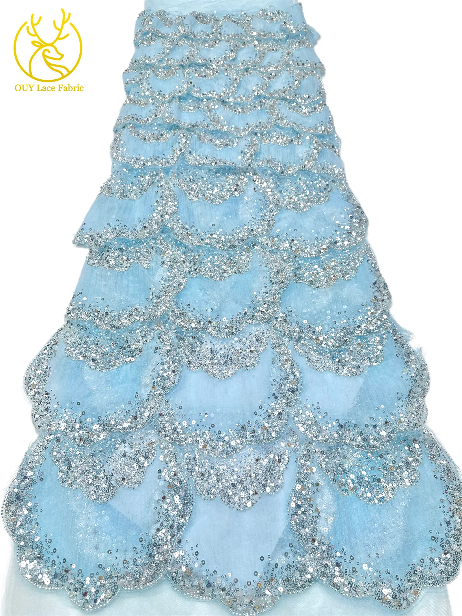 3D-Stickerei mit Pailletten und Perlen, marineblaue afrikanische Spitze, französischer Tüll, Netzspitze für Braut, Hochzeit, DIY, handgemachtes Nähen – Detail 26