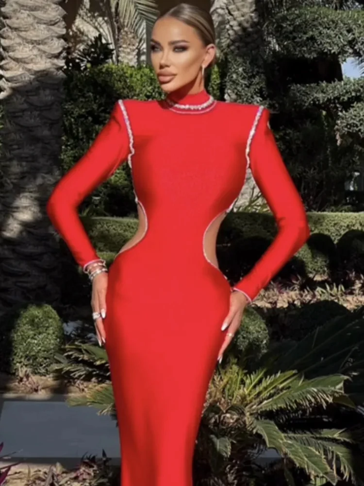 Women's Turtleneck Long Sleeve Red Midi Bodycon Bandage Prom Dress 2024 Winter Sexy Elegant Party Stage Performance Dresses