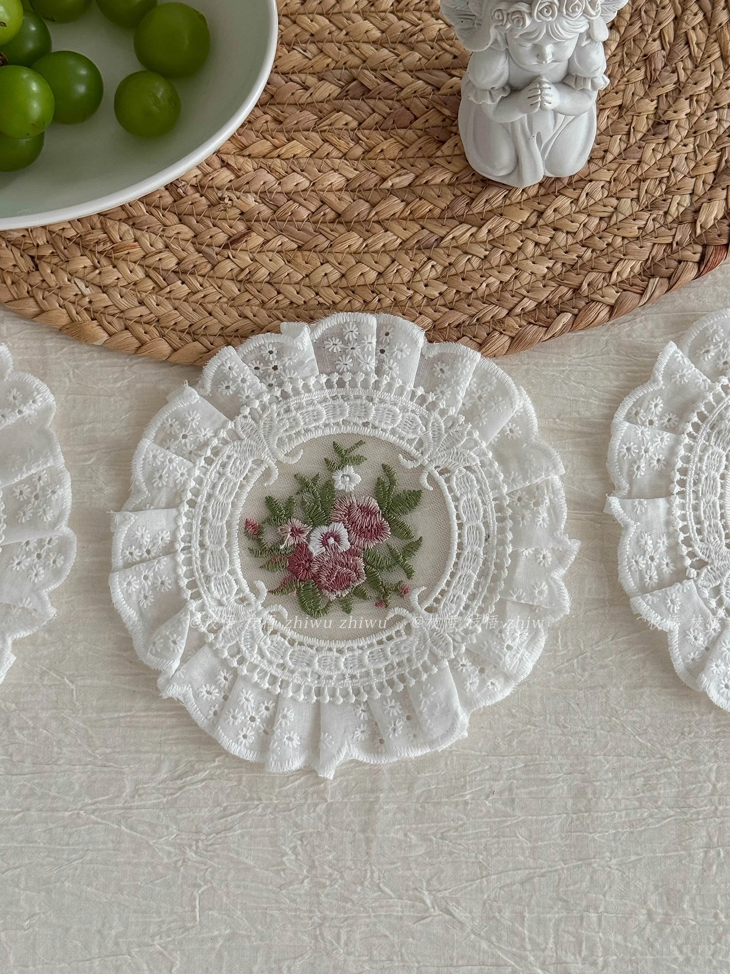 Embroidered Rose Soft Spoken French South Home Decor Pads Cup Mat Wood Ear European Style DIY Sewing Materials And Finished P...
