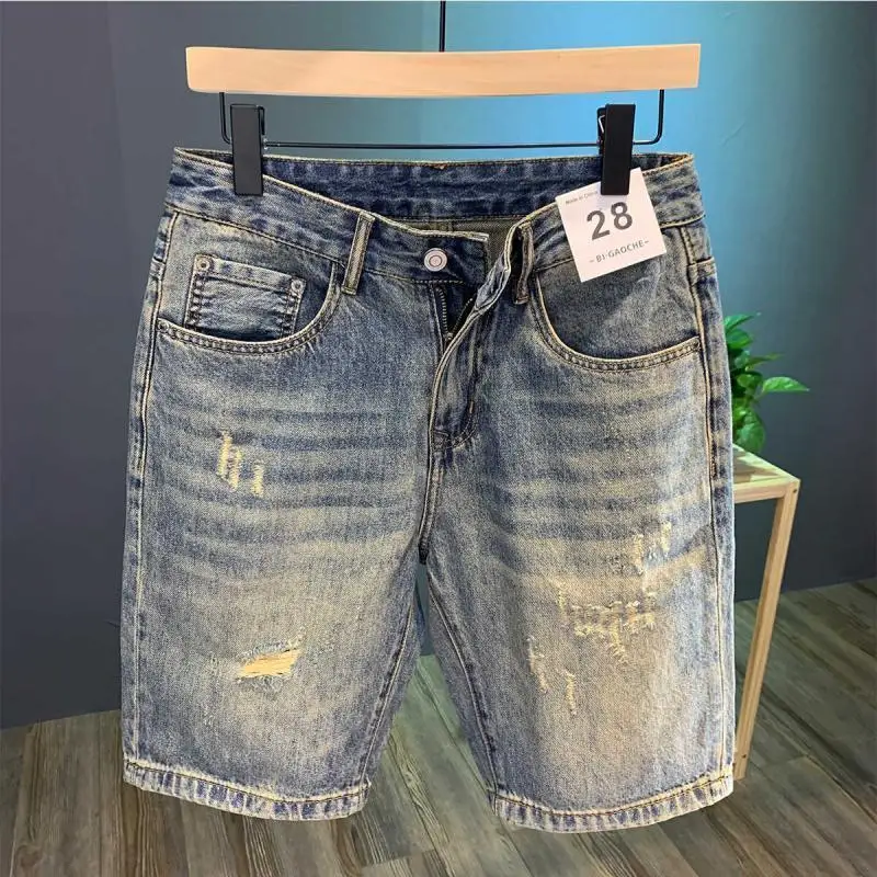 Celana Pendek Denim Robek High Street Celana Lima Titik Tipis Musim Panas Pria Merek Trendi Korea Celana Lurus Nyaman Populer