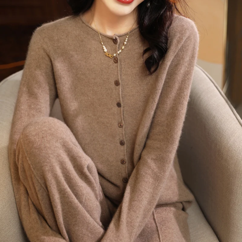 Korean Style Loose Sweater 100% Merino Wool Women\'s Knitted Cardigan Fashion Roll-up Long-sleeved Sweater Solid Color Warm