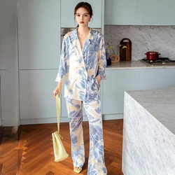 Spring Autumn Women's Pajamas Set New Silk Satin Printed Sleepwear Loungewear for Women 2 Pieces Long Sleeve Can be Worn Outside