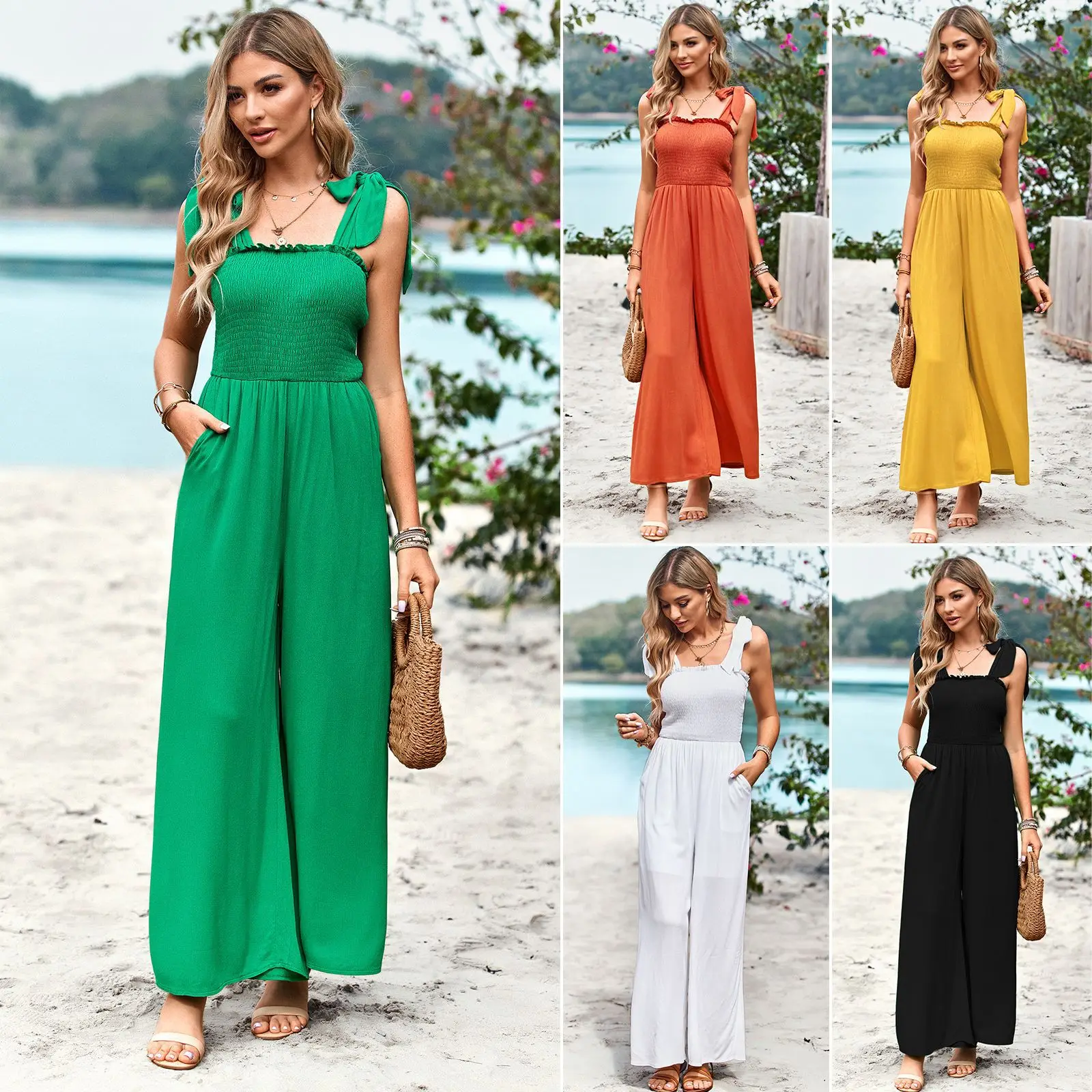 

Women's Clothing Spring And Summer Temperament Casual Solid Color High Waist Chest Wrapping Suspender One-piece Wide-leg Pants