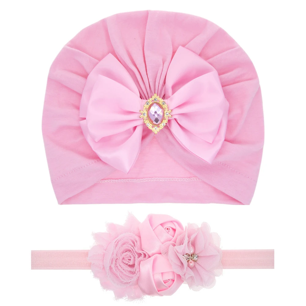 

1 Piece Pink Color Children Baby Hat Cap Headband Bowknot Flowers Newborn Photography Spring Autumn Set