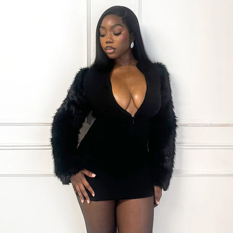 CUTENOVA automne/hiver femmes couleur unie décolleté fermeture éclair manches en fausse fourrure Patchwork à manches longues Sexy ajusté robe moulante