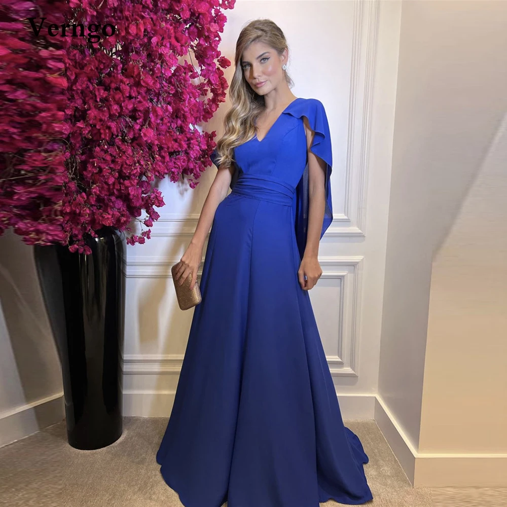 

Verngo Classy Chiffon Blue Chiffon Prom Dresses V Neck Cap Sleeves Floor Length Vintage Women Formal Evening Gowns Plus Size