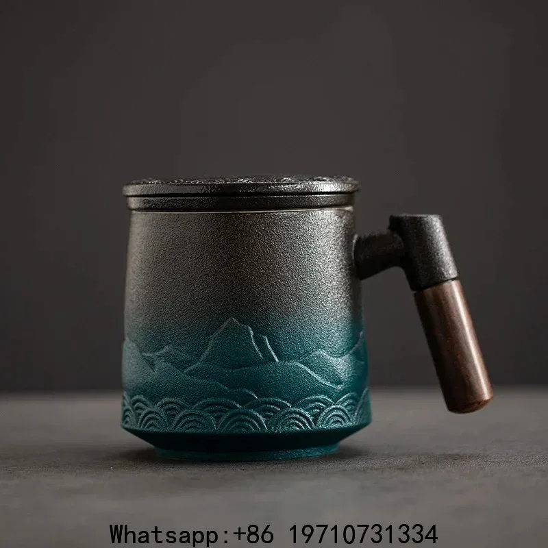 

Ceramic Strainer Tea Cup Mug with Lid Luxury Coffee Cups Large Office Tea Water Japanese Vintage Original Mugs Wood Handle Gift