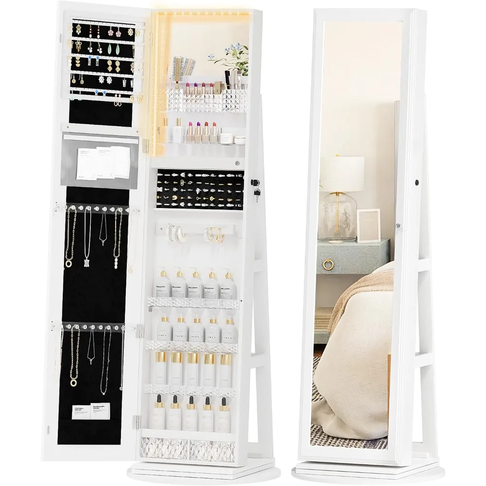 Mirror Cabinet with Jewelry Storage & Shelf, Vanity Makeup Mirror 3-Color LED Lights, 360° Full Length Mirror Jewelry Storage