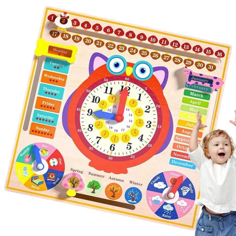 Wooden Clock Model Teaching Aid,Montessori Learning Clocks with Cards,Kindergartner Toy for Game,Interaction Playroom Wall