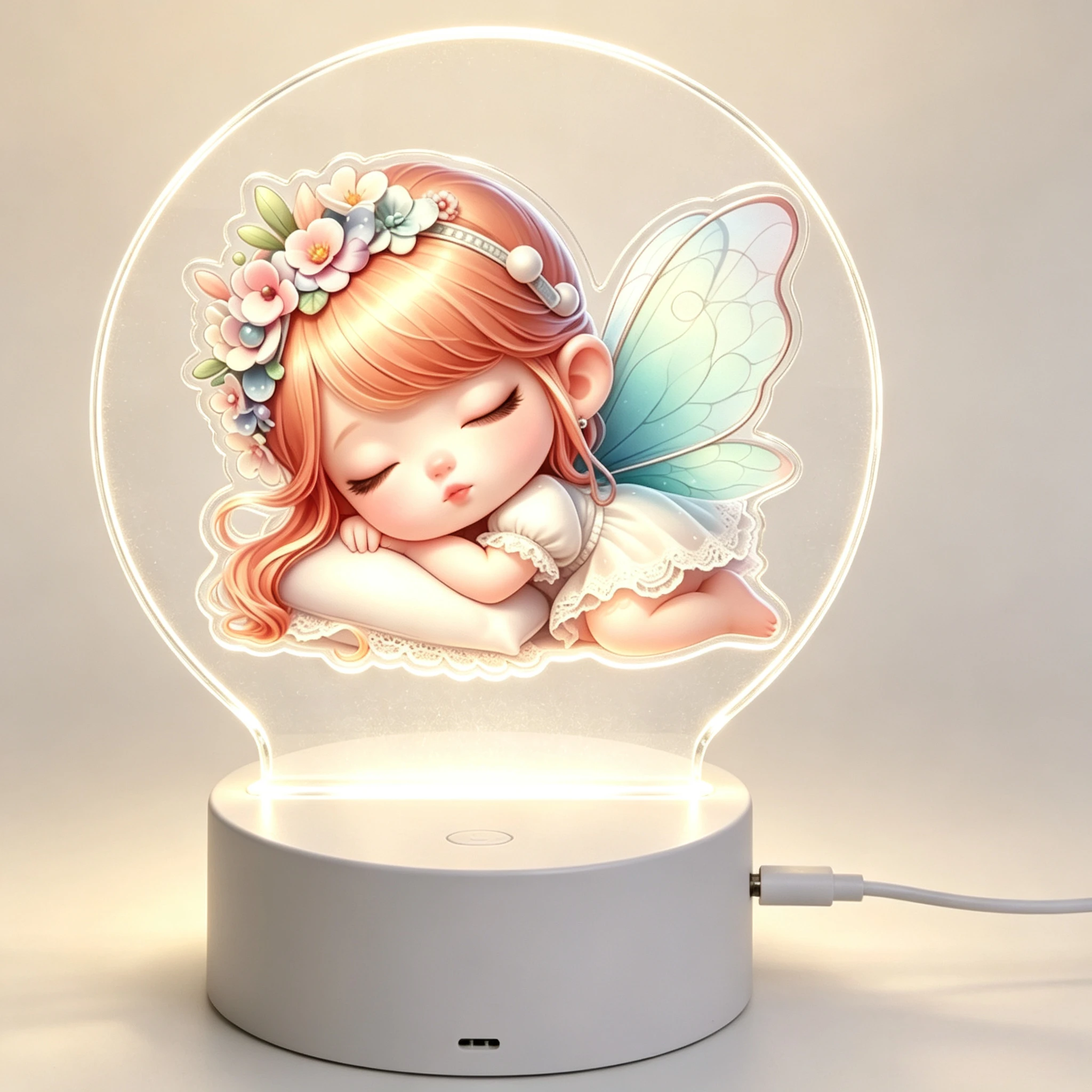 Sleeping Flower Wreath Fairy With Pillow Acrylic 3D Night Light Girls Bedroom Decor Lamp