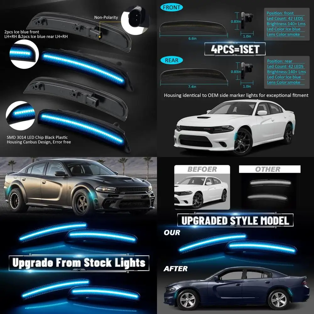 

Smoked Lens LED Side Marker Lights for 2015-2023 Dodge Charger, Front & Rear Bumper Turn Signal Kit, Ice Blue, 4-Pack