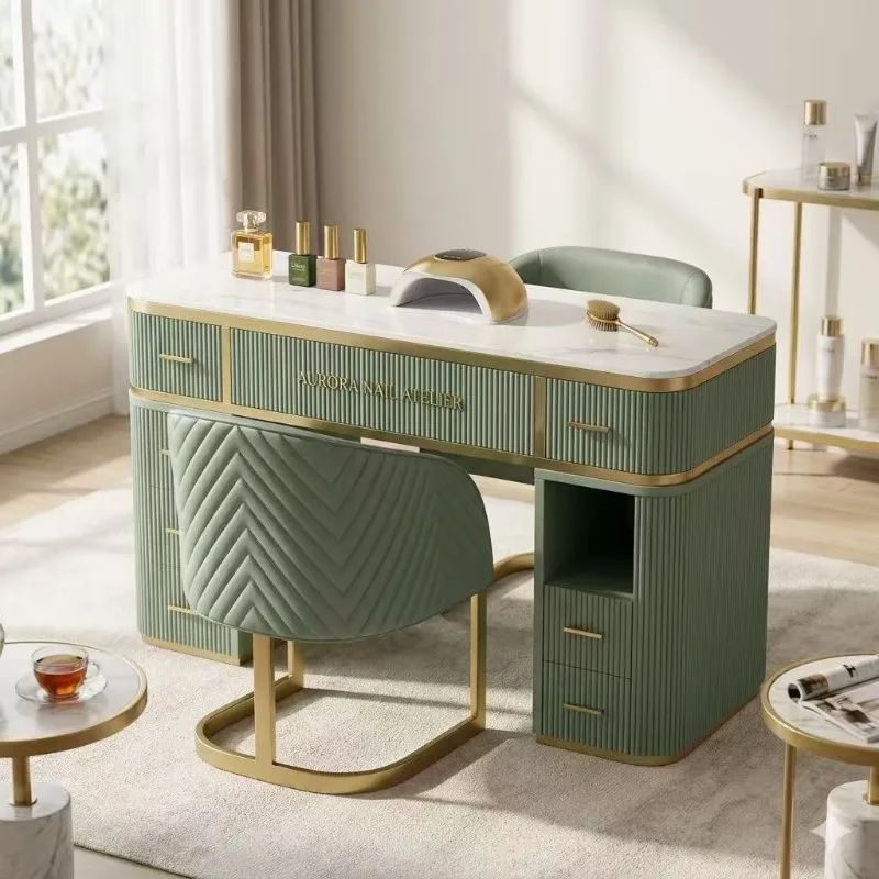 Modern Light Luxury Manicure Table Marble Top Dust Collector Gold Edge Nail Station Technician Chair for High-end Beauty Mall