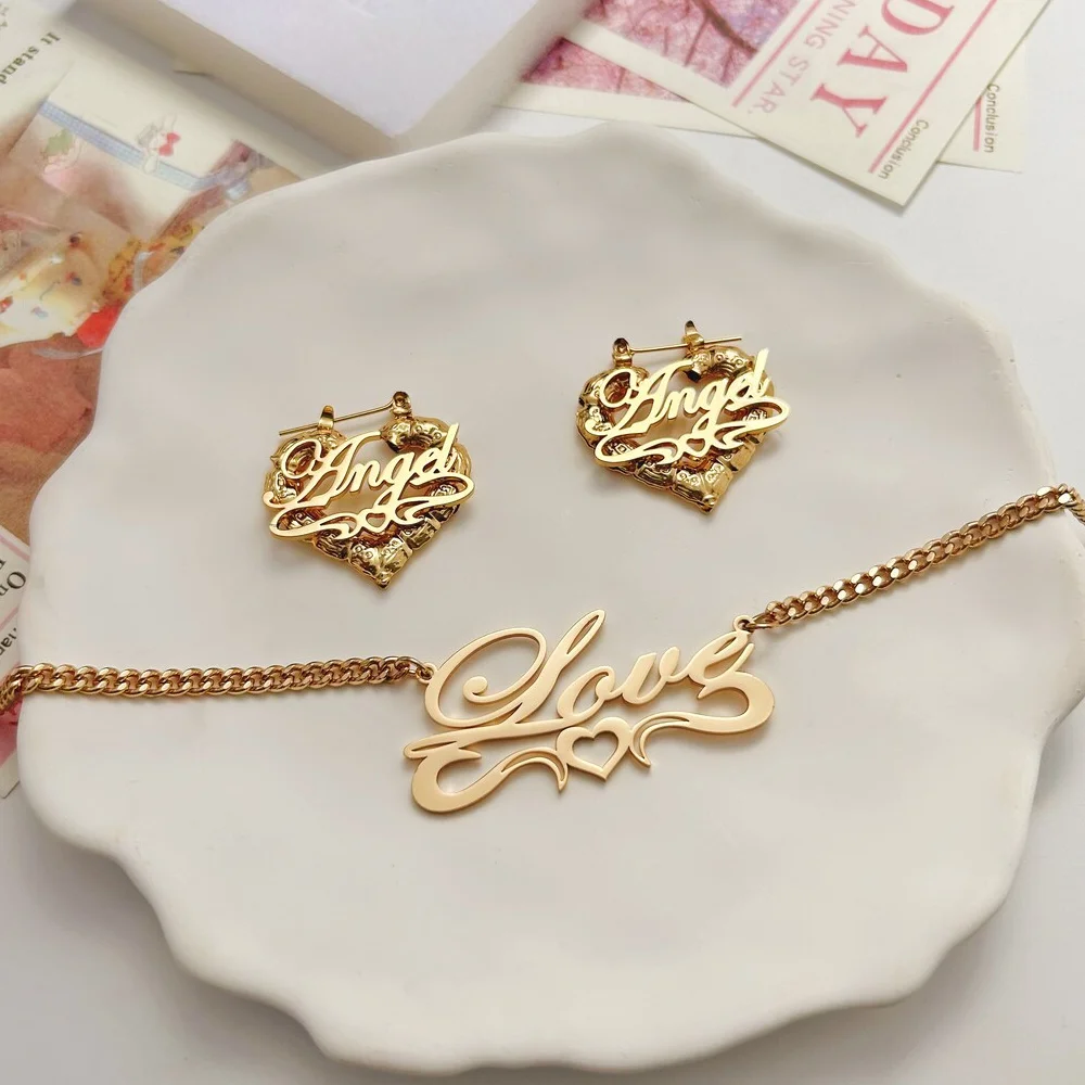 Atoztide Custom Name Necklace Bamboo Earring Jewelry Set For Women Men Personalized Stainless Steel Cuban Chain Birthday Gift