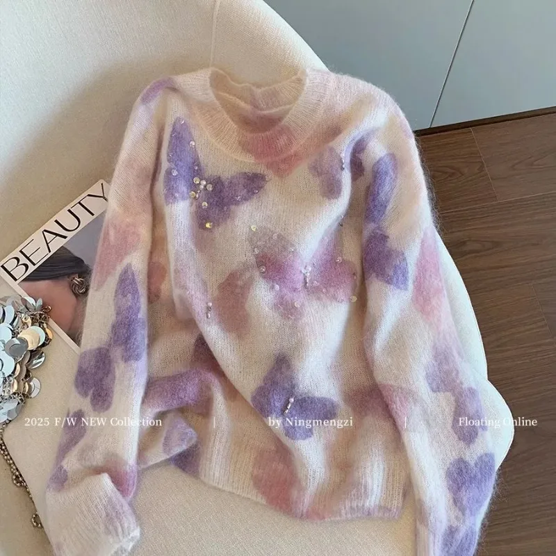 

Gentle Style Pink Butterfly Beaded Mohair Sweater for Women 2025 Autumn New Soft and Waxy Temperament Sweater