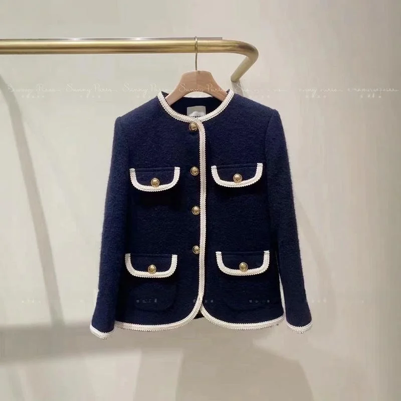 Fall 2024 Short Woolen Coat with Lace Trim Four Pockets Wide Checkered Pattern Color Block Design Ladies Fashion Outerwear