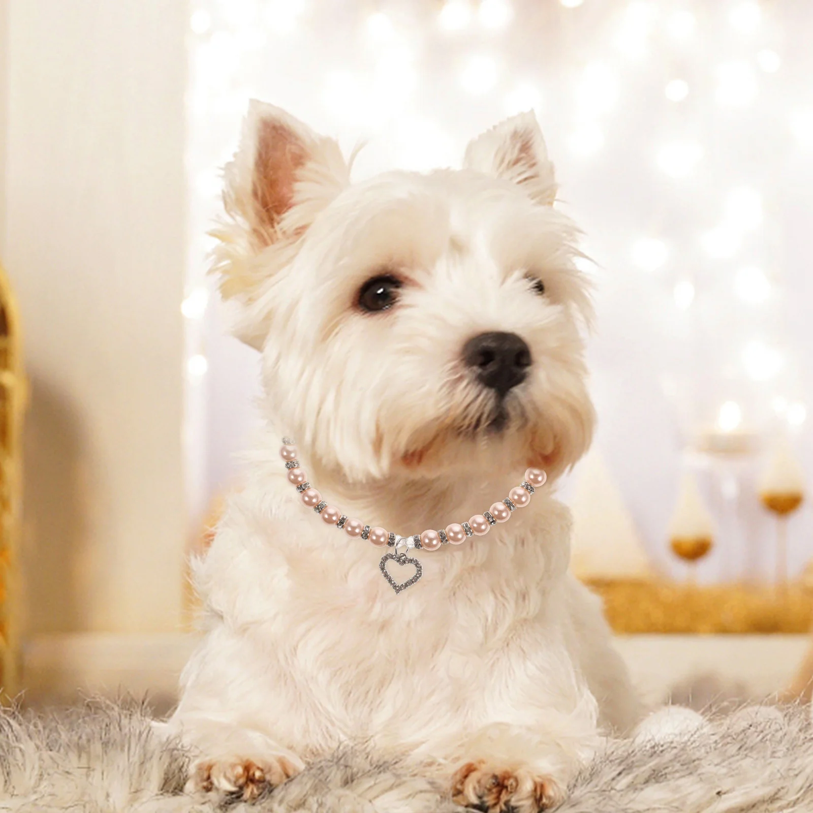 

Crystal Heart Pendant Pet Necklace Bling Pearls Pink Adjustable Clasp for Cats Dogs Size M Special Occasions Party Costume