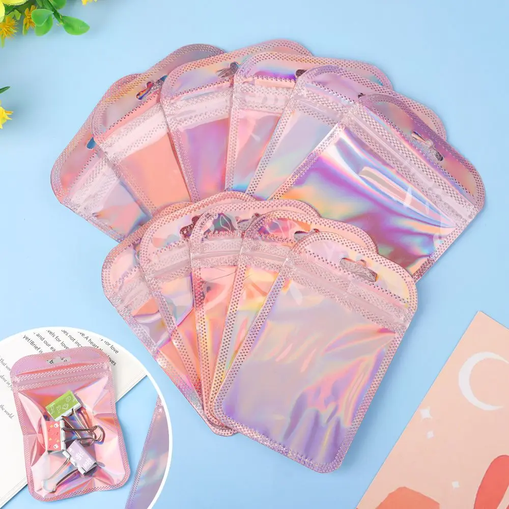 50pcs/bag Iridescent Self Sealing Pouches Transparent With Hang Hole Jewelry Display Packaging Bags