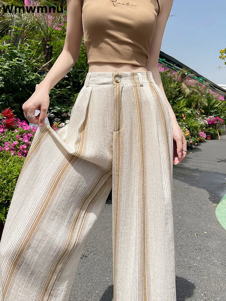 

Широкие брюки в полоску из ледяного шелка, мешковатые прямые женские повседневные брюки с высокой талией, корейские модные брюки с принтом тай-дай, Hosen