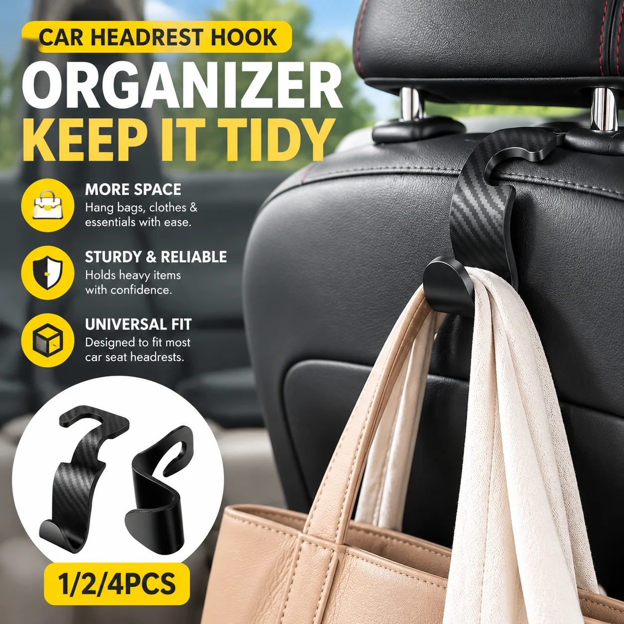 Car Headrest Hook Organizer in ABS Carbon Fiber Texture, Multifunctional Hanging Fastener Clip for Bags Clothes, 1/2/4PCS