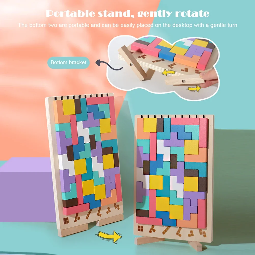3D Wooden Tetris Puzzle - Kids Educational Brain Training Toy for Logical Thinking, Challenge Level Building Blocks