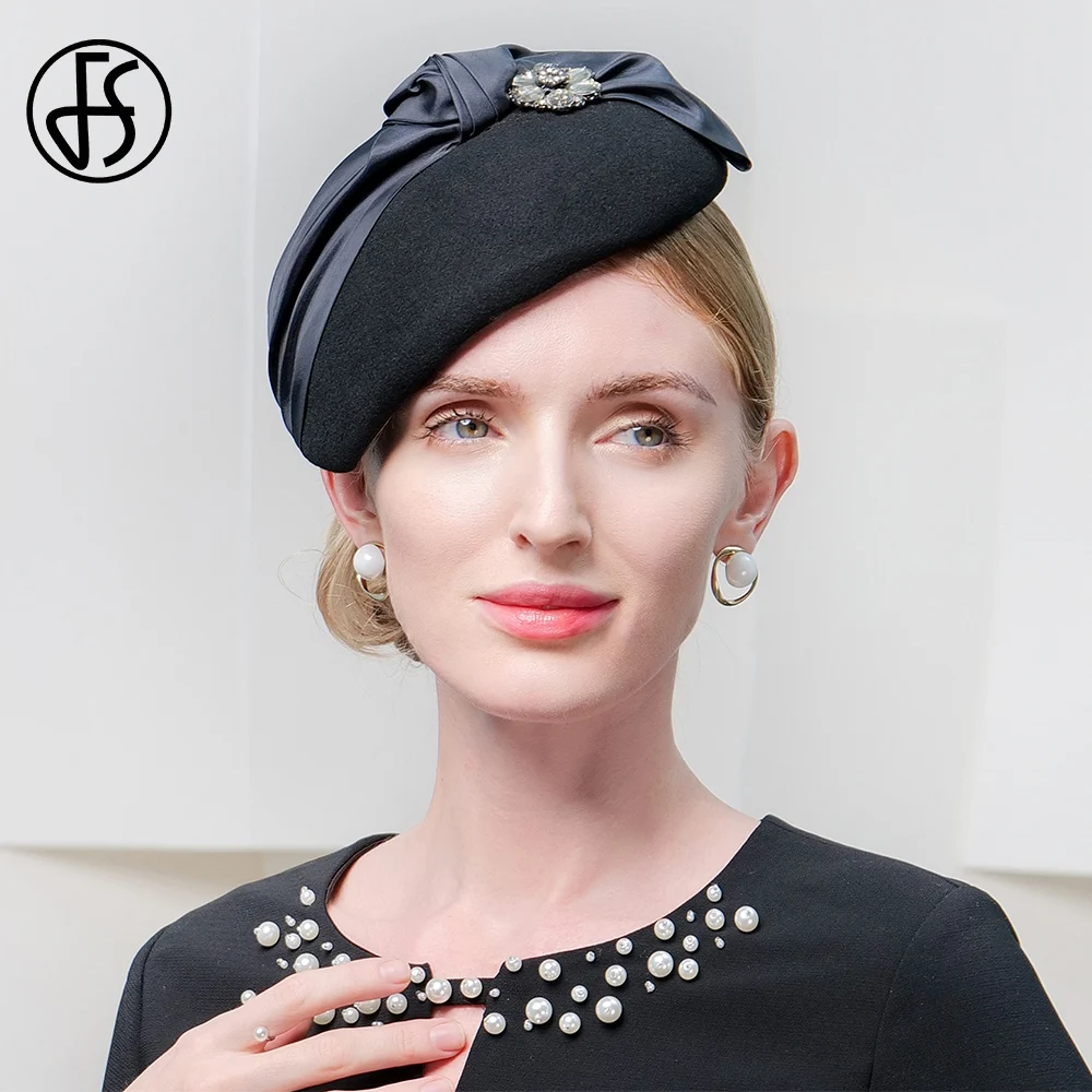 FS 2024 Elegant Beret Church Derby Hats For Women Wool Felt Cap Fascinators Ladies Cocktail Tea Party Fedoras Chapeau Femme