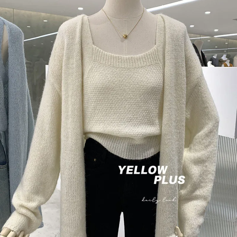 2 Piece Women Sweater Camisole Cardigans Casual Solid Loose Open Stitch Sets Female Spaghetti Strap Vest + Knitted Cardigans