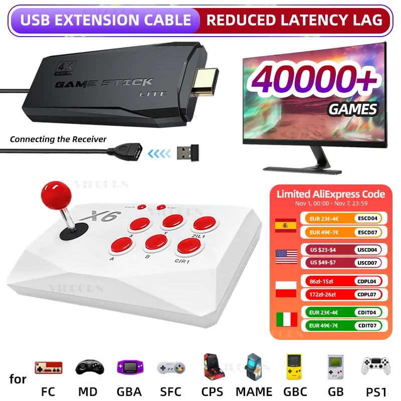VILCORN M8 Game Stick 4K consola de videojuegos Arcade para MAME PS1 9 emulador con doble Arcade Joysitck 41000 juegos máquina Retro