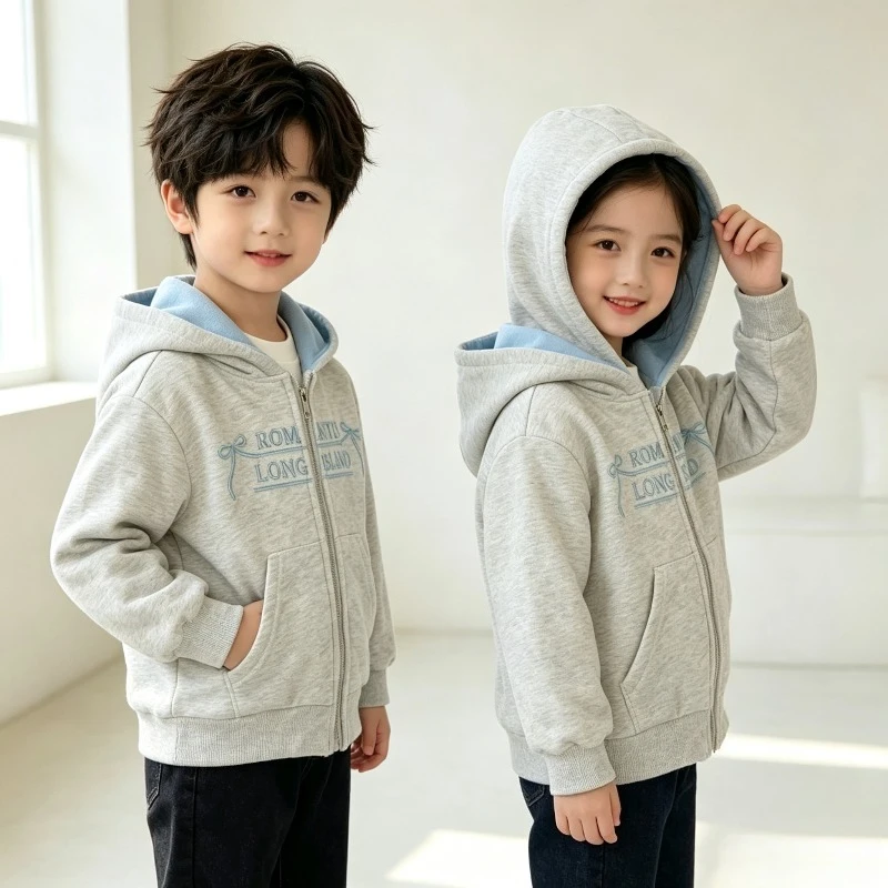 Kids Winter Fleece Lined Hooded Jacket, Embroidered Warm Zip‑Up Coat, Casual Outerwear for Boys Girls Children
