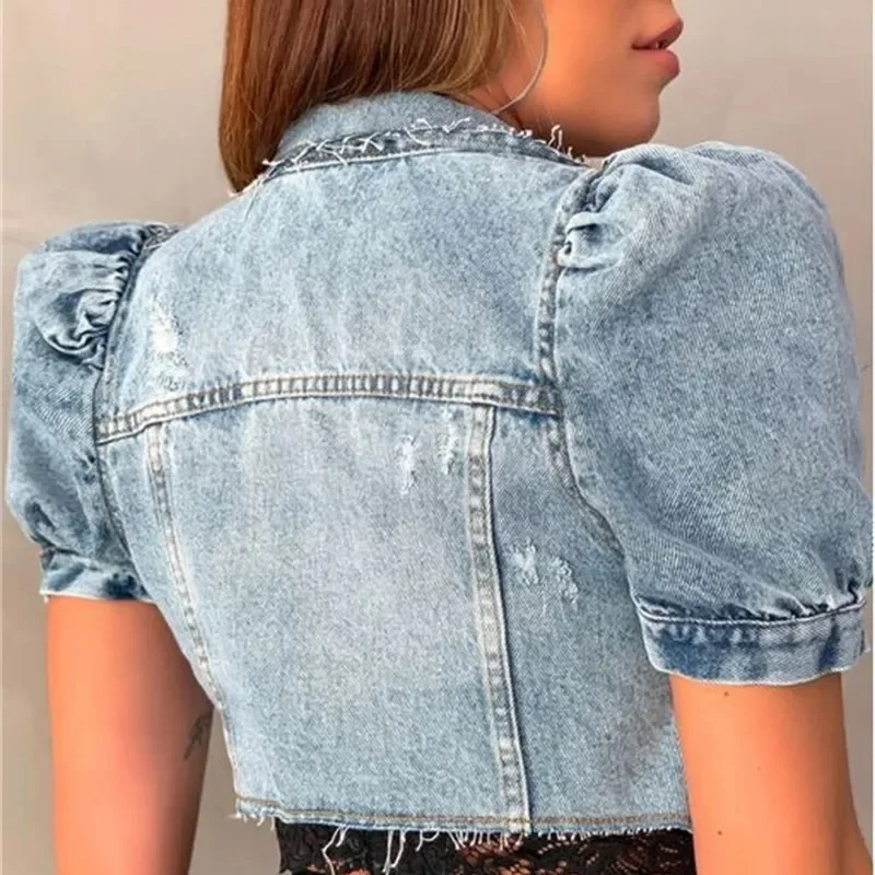 Women Vintage Short Denim Jacket New Fashion Bubble Short Sleeve Solid Color Outerwear 2023 Summer Single-breasted Cardigan Coat