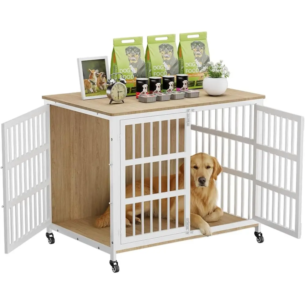 

Large Dog Crate with Wheels, Metal & Chew-Proof, Indoor Kennel for Medium to Large Dogs, 42 Natural & White, Multi-Purpose as TV