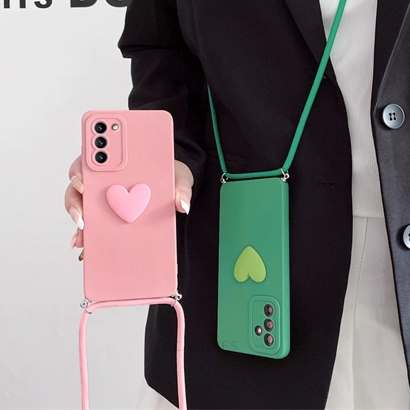 S 24 23 22 21 Crossbody Lanyard Love Heart Case For Samsung Galaxy S23 S21 S20 Fe S22 S24 Plus Ultra Cord Silicone Cover S24plus