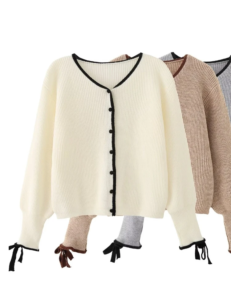 

Korobov Autumn Korean Sweet O Neck Long Sleeve Single Breasted Bow Contrast Color Sweater Women Jumpers