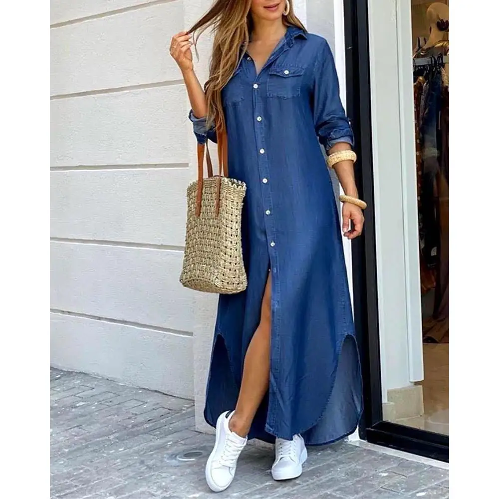 Women's Denim Long Sve irt Dr Skirt Set Loose Waist Polyester Fabric Commute Sle Basic Model Home And Busin Use
