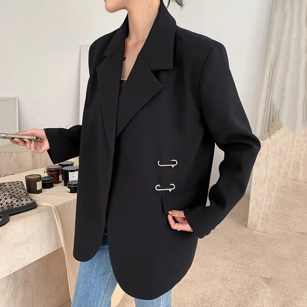 Women Black Oversize Casual Jacket New Lapel Long Sleeve Loose Blazer Fashion Pin Office Ladies Suits Coat Spring Autumn 2023