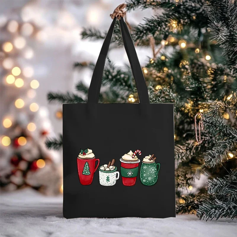 Women Christmas Milk Tea Series Shoulder Bag Vintage Aesthetics Canvas Tote Bags Teen Merry Christmas Shopping Bag Funny Handbag