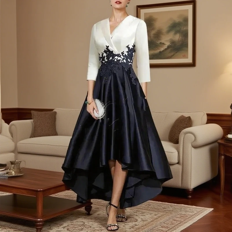 

Elegant White Black Mother of the Bride Dress V-Neck 3/4 Sleeves Satin Lace Appliques A-Line Wedding Guest Party Skirt for Women