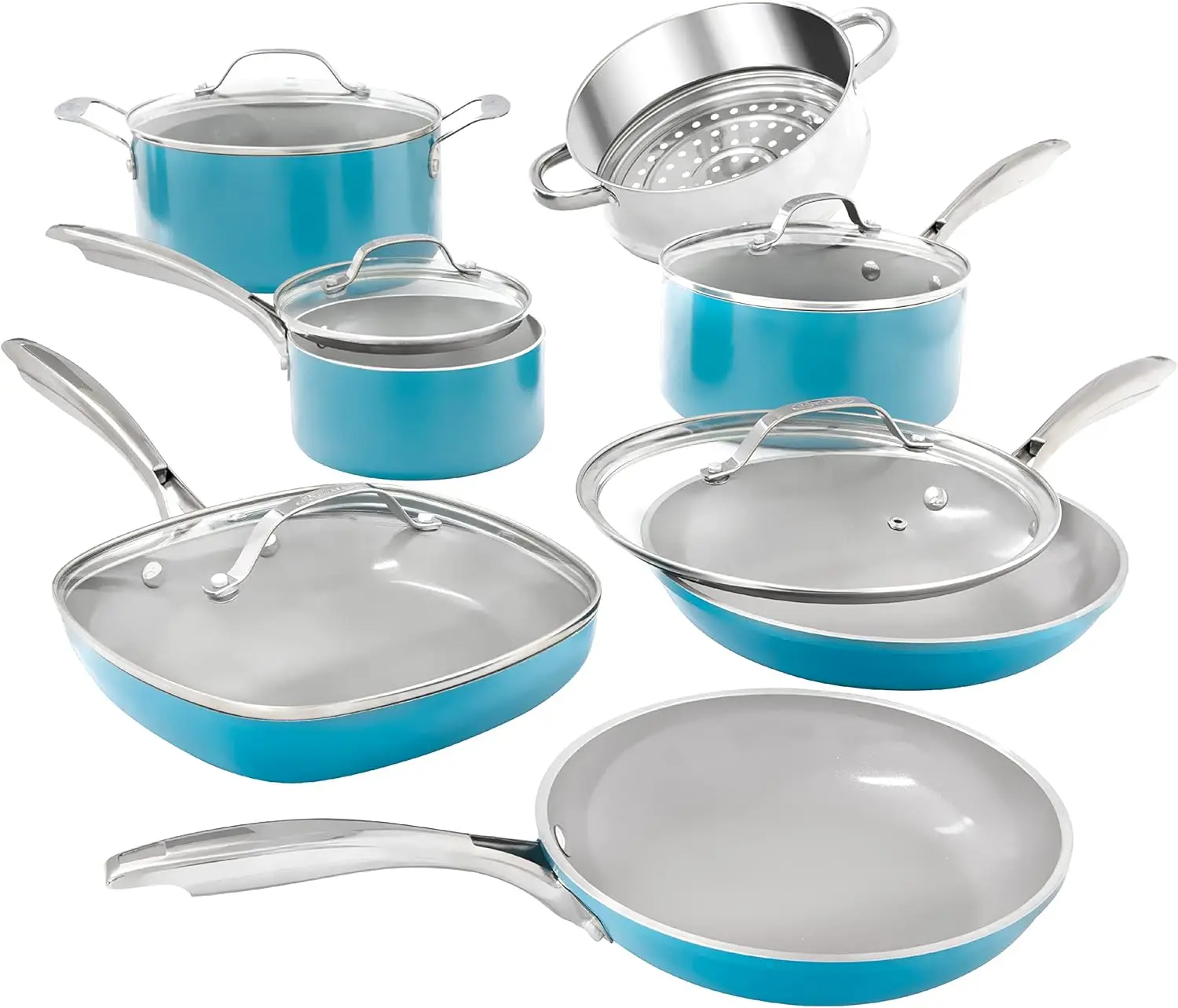 

Blue Pots and Pans Set, 12 Piece Nonstick Ceramic Cookware, Includes Frying Pans, Stockpots & Saucepans, Stay Cool Handles,