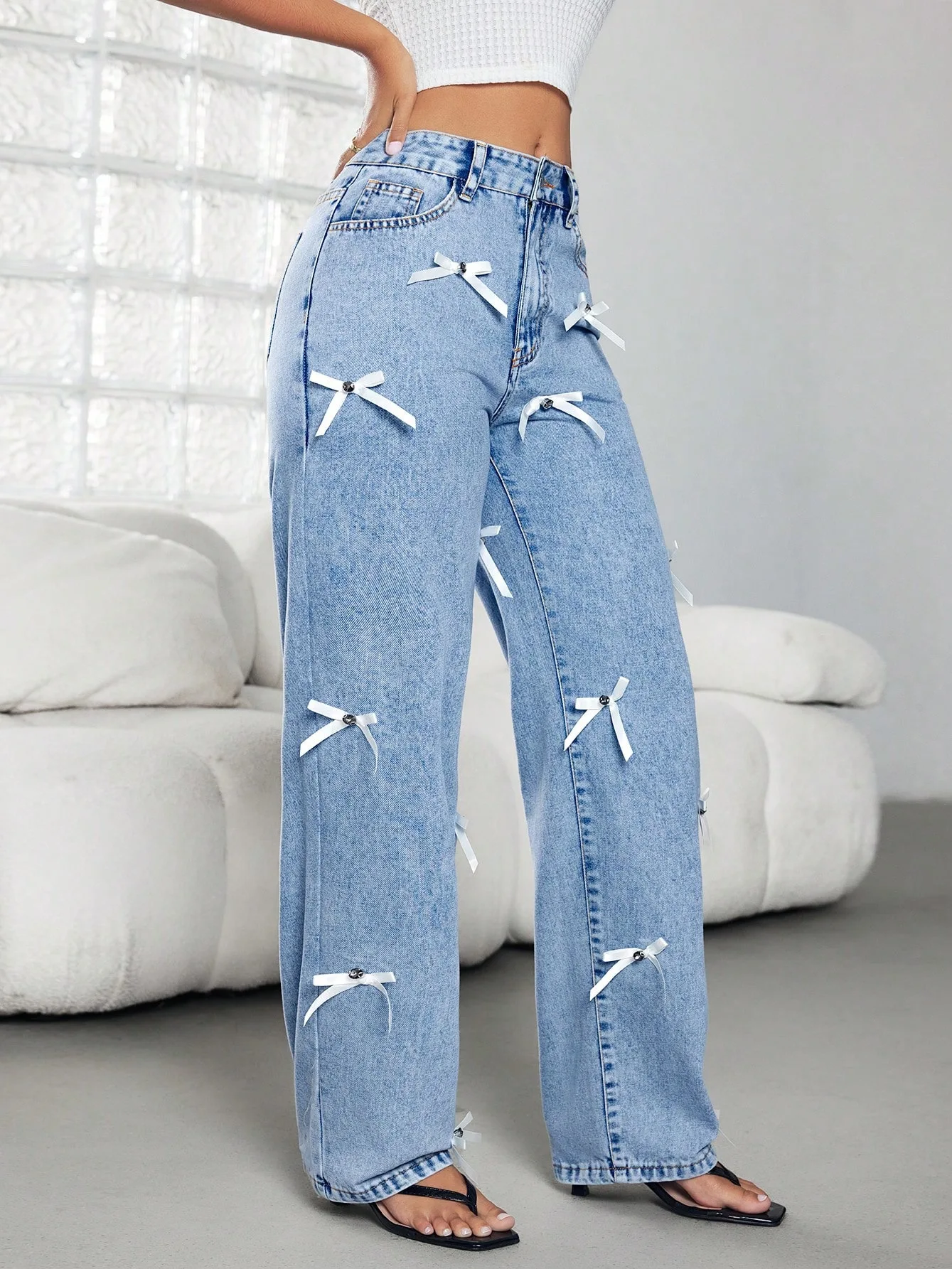 Jeans Straight Wide Leg Pants Women Bow Floor Length Mid Waist Distressed Washed Female Vintage Denims Trousers Streetwear